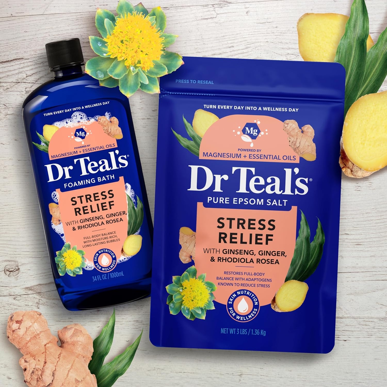 image:imageDr Teals Epsom Salt Magnesium Soak Salt Stress Relief with Ginseng amp Ginger Essential Oils 3 lbs Pack of 4
