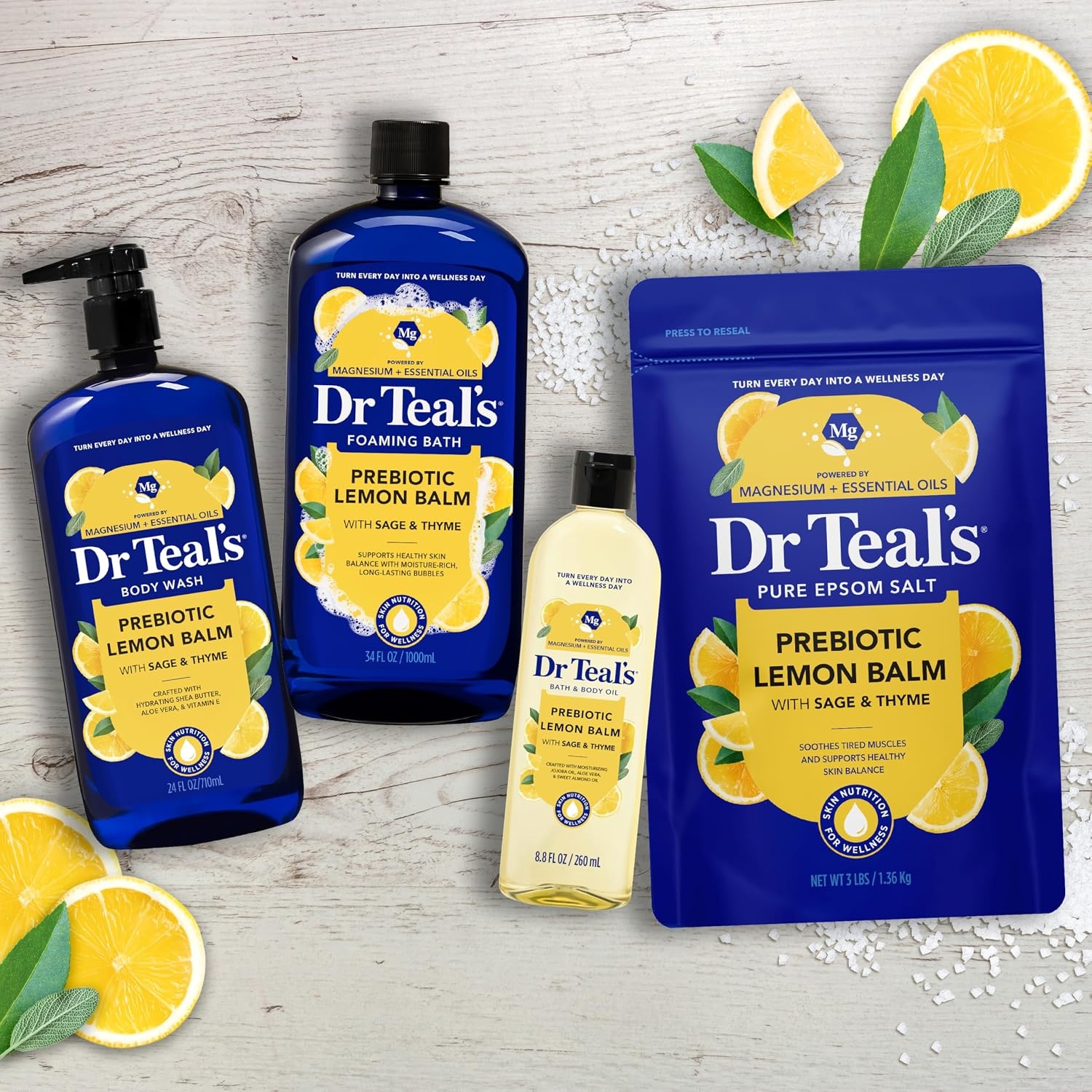 image:imageDr Teals Pure Epsom Magnesium Salt Soak Prebiotic Lemon Balm amp Essential Oil 3 lbs Pack of 4Lemon Balm