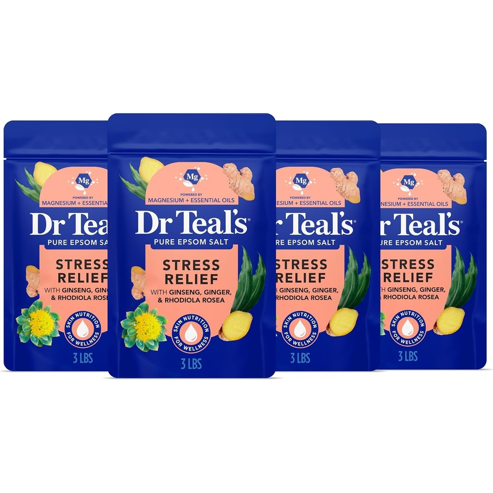 image:imageDr Teals Epsom Salt Magnesium Soak Salt Stress Relief with Ginseng amp Ginger Essential Oils 3 lbs Pack of 4