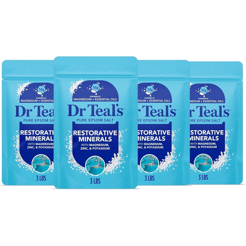 image:imageDr Teals Epsom Salt Restorative Minerals Soak with Magnesium Potassium Zinc amp Eucalyptus Essential Oils 3 lbs Pack of 448 Ounce Pack of 4
