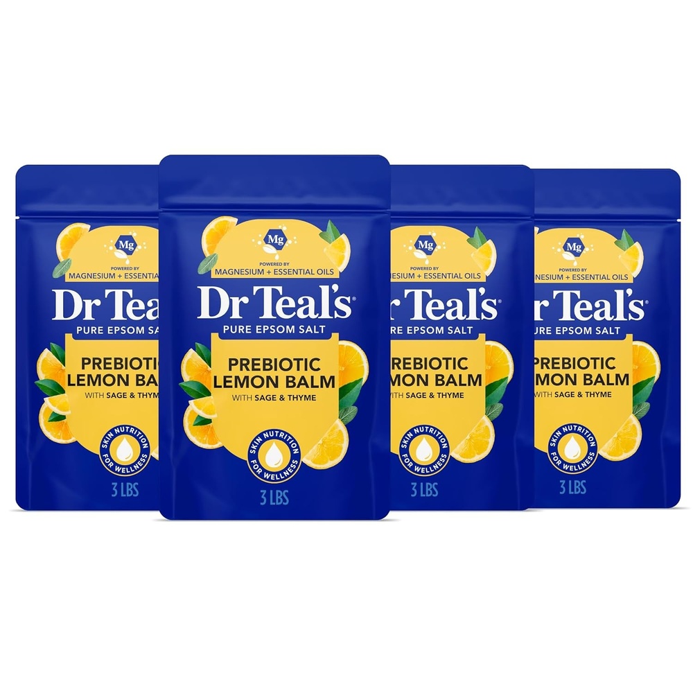 image:imageDr Teals Pure Epsom Magnesium Salt Soak Prebiotic Lemon Balm amp Essential Oil 3 lbs Pack of 4Lemon Balm