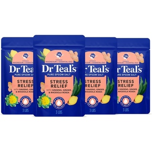 Dr Teal’s Epsom Salt Magnesium Soak, Salt Stress Relief with Ginseng & Ginger Essential Oils, 3 lbs (Pack of 4)